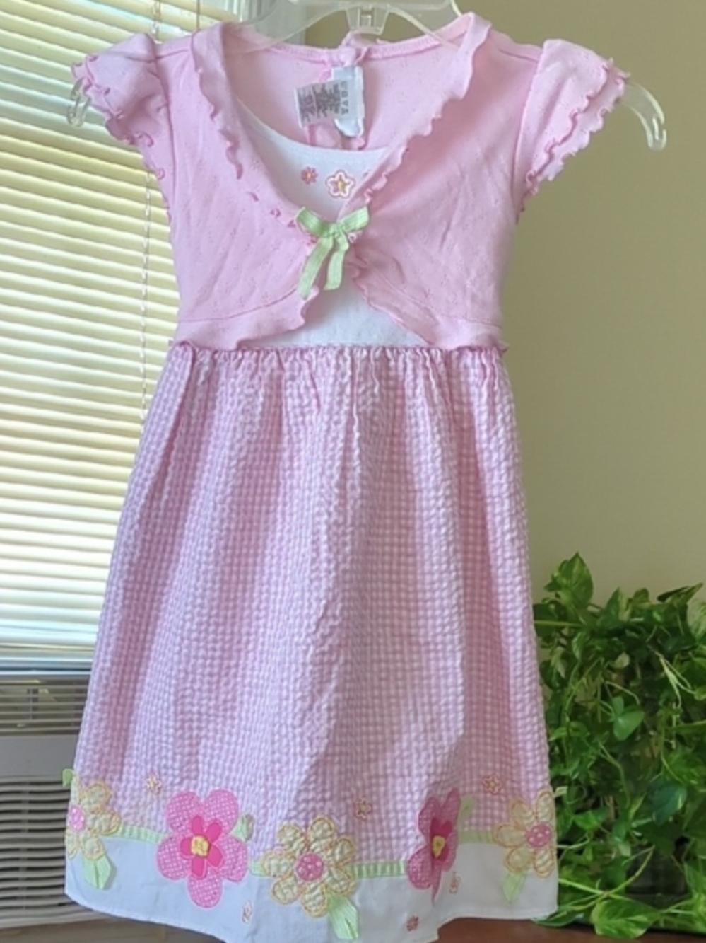 Youngland Pink Floral Seersucker Dress with Green Bow